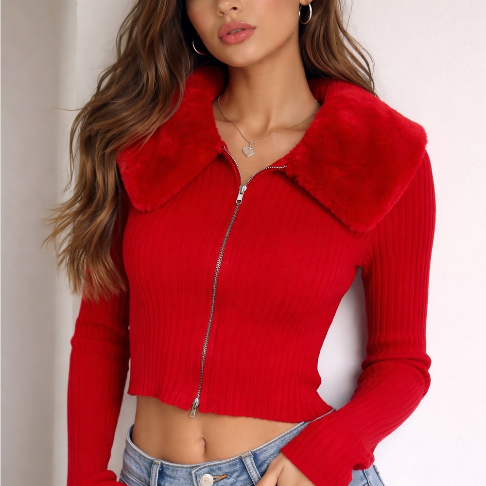 Red Ribbed Zip-Up Jacket with Faux Fur Collar